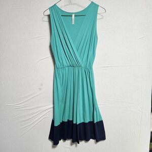 GILI colorblock Teal/Navy Tank Sleevess Midi Knit Dress, Small, Workwear, Classy